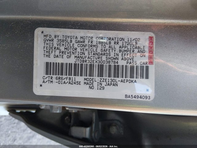 2003 Toyota Corolla Ce მანქანა იყიდება აუქციონზე, vin: JTDBR32EX30038784, აუქციონის ნომერი: 45260265