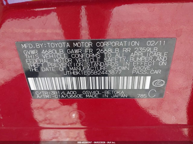 Продаж на аукціоні авто 2011 Lexus Es 350, vin: JTHBK1EG5B2443877, номер лоту: 45260267
