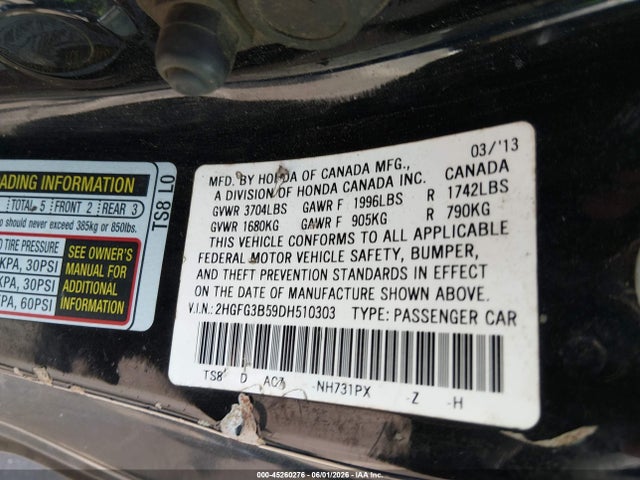 2013 Honda Civic Lx მანქანა იყიდება აუქციონზე, vin: 2HGFG3B59DH510303, აუქციონის ნომერი: 45260276