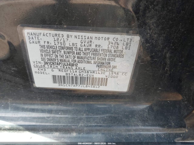 45260281 :رقم المزاد ، 3N1CN7AP7JL845812 vin ، 2018 Nissan Versa 1.6 Sv مزاد بيع