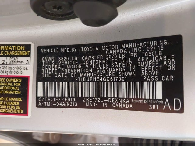 45260287 :رقم المزاد ، 2T1BURHE4GC617001 vin ، 2016 Toyota Corolla Le مزاد بيع