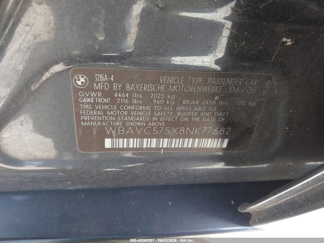 45260301 :رقم المزاد ، WBAVC575X8NK77682 vin ، 2008 Bmw 328i مزاد بيع