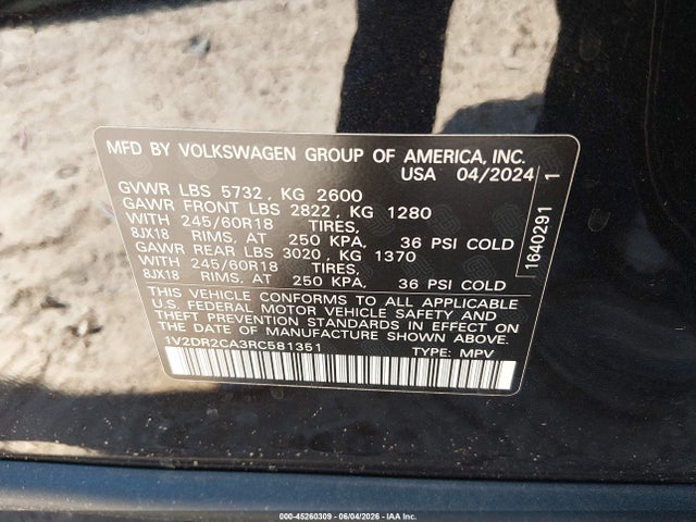 45260309 :رقم المزاد ، 1V2DR2CA3RC581351 vin ، 2024 Volkswagen Atlas 2.0t Se مزاد بيع