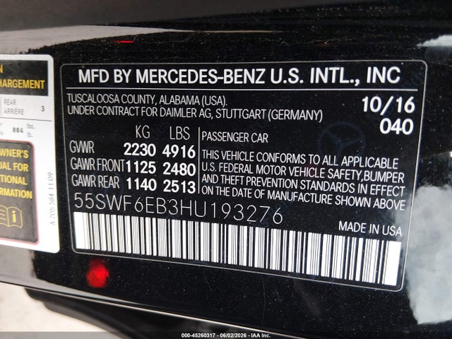 Aukcja sprzedaży 2017 Mercedes-benz Amg C 43 4matic, vin: 55SWF6EB3HU193276, numer aukcji: 45260317