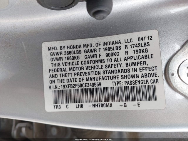 Продаж на аукціоні авто 2012 Honda Civic Lx, vin: 19XFB2F50CE349559, номер лоту: 45260323