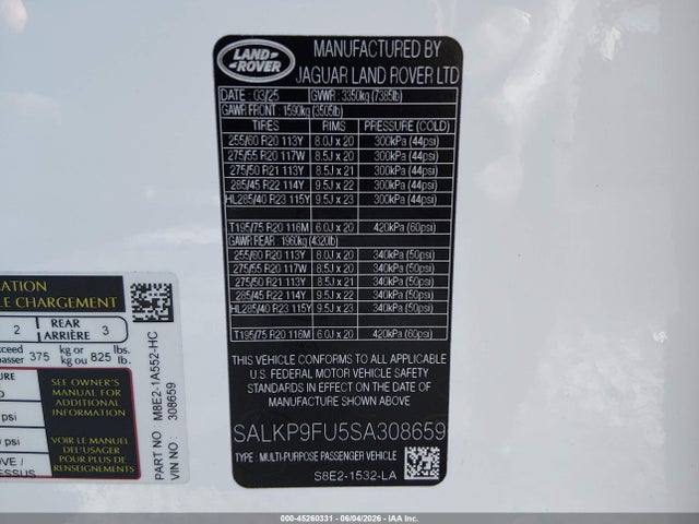SALKP9FU5SA308659 Land Rover Range Rover P400 Se
