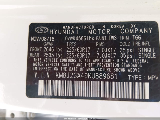 Продаж на аукціоні авто 2019 Hyundai Tucson Se, vin: KM8J23A49KU889681, номер лоту: 45260335