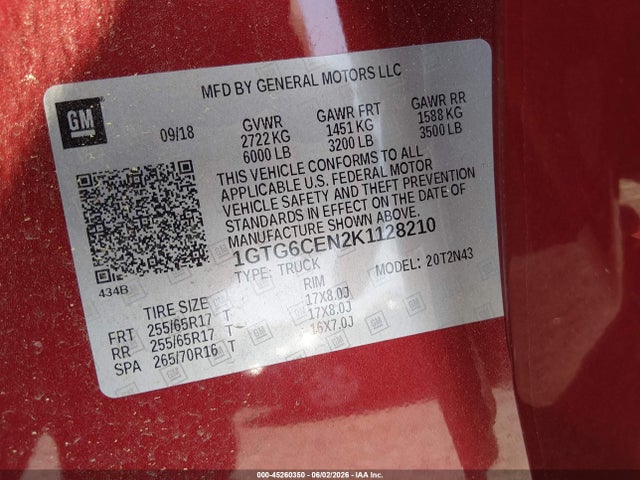 Продаж на аукціоні авто 2019 Gmc Canyon Sle, vin: 1GTG6CEN2K1128210, номер лоту: 45260350