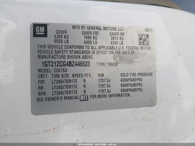 Auction sale of the 2011 Gmc Sierra 2500hd Work Truck, vin: 1GT21ZCG4BZ446623, lot number: 45260359