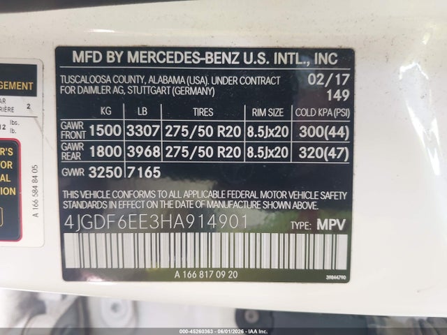 Aukcja sprzedaży 2017 Mercedes-benz Gls 450 4matic, vin: 4JGDF6EE3HA914901, numer aukcji: 45260363