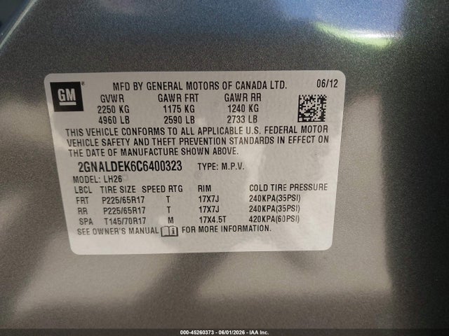Продажа на аукционе авто 2012 Chevrolet Equinox 1lt, vin: 2GNALDEK6C6400323, номер лота: 45260373