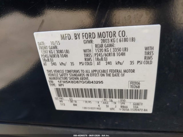 Продаж на аукціоні авто 2016 Ford Explorer Xlt, vin: 1FM5K8D87GGB43295, номер лоту: 45260378
