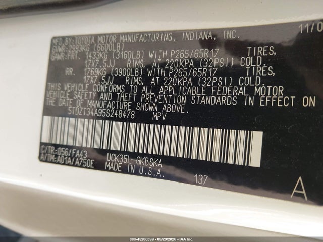 Aukcja sprzedaży 2005 Toyota Sequoia Sr5 V8, vin: 5TDZT34A95S248478, numer aukcji: 45260398