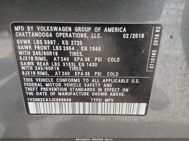 Aukcja sprzedaży 2018 Volkswagen Atlas 3.6l V6 S, vin: 1V2GR2CA1JC556949, numer aukcji: 45260410