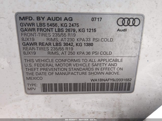 Продаж на аукціоні авто 2018 Audi Q5 2.0t Premium/2.0t Tech Premium, vin: WA1BNAFY9J2031552, номер лоту: 45260411