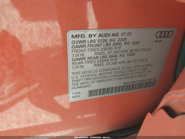 Продаж на аукціоні авто 2022 Audi Q3 Premium 45 Tfsi S Line Quattro Tiptronic, vin: WA1DECF33N1149715, номер лоту: 45260424