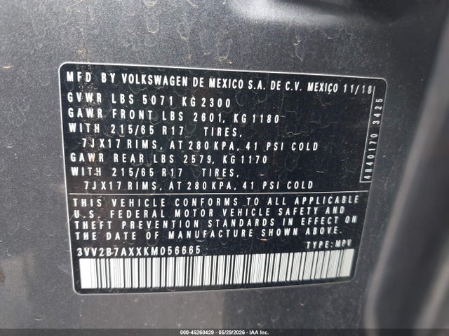 45260429 :رقم المزاد ، 3VV2B7AXXKM056665 vin ، 2019 Volkswagen Tiguan 2.0t Se/2.0t Sel/2.0t Sel R-line/2.0t Sel R-line Black مزاد بيع