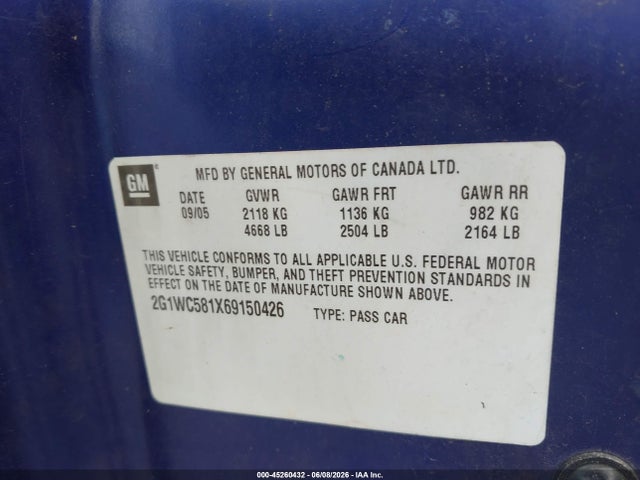 Продажа на аукционе авто 2006 Chevrolet Impala Lt, vin: 2G1WC581X69150426, номер лота: 45260432
