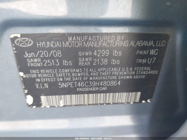 Aukcja sprzedaży 2009 Hyundai Sonata Gls, vin: 5NPET46C39H480864, numer aukcji: 45260433