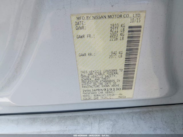 45260449 :رقم المزاد ، 1N4AL3AP9FN919330 vin ، 2015 Nissan Altima 2.5 S مزاد بيع
