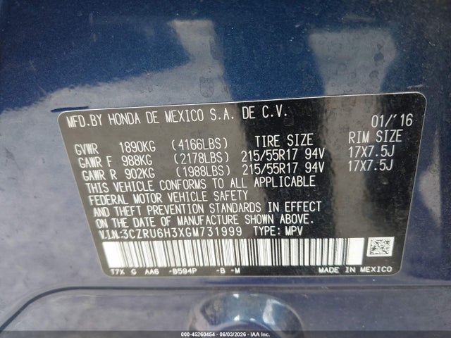 Продаж на аукціоні авто 2016 Honda Hr-v Lx, vin: 3CZRU6H3XGM731999, номер лоту: 45260454