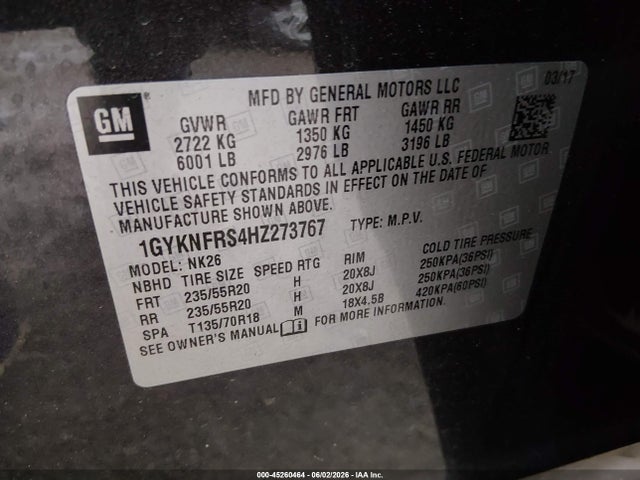 45260464 :رقم المزاد ، 1GYKNFRS4HZ273767 vin ، 2017 Cadillac Xt5 Platinum مزاد بيع