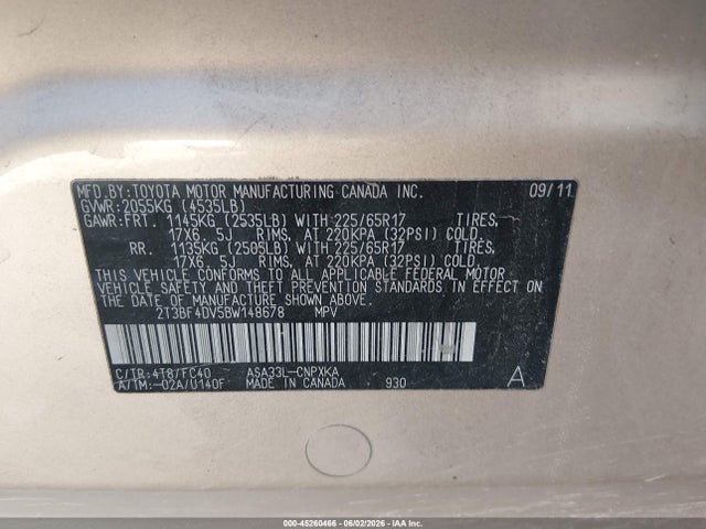 Продаж на аукціоні авто 2011 Toyota Rav4, vin: 2T3BF4DV5BW148678, номер лоту: 45260466