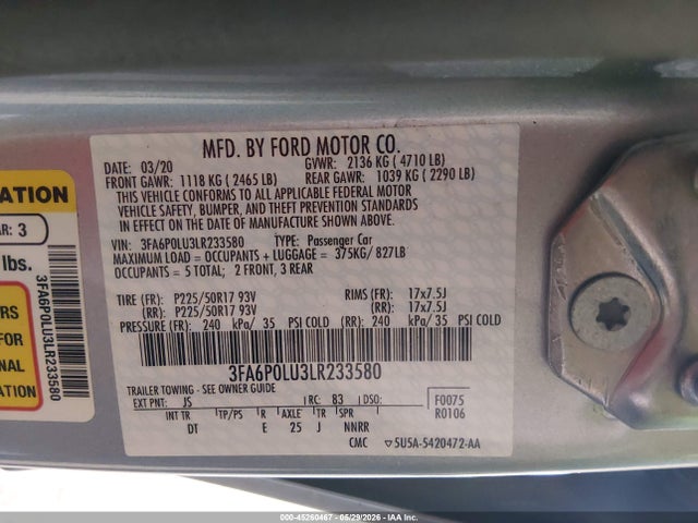 Ford Fusion Hybrid Se 2020 3FA6P0LU3LR233580 Image 9