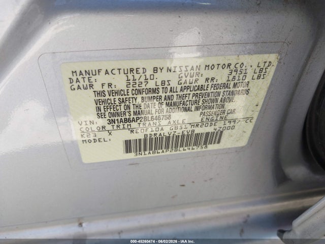 45260474 :رقم المزاد ، 3N1AB6AP2BL646758 vin ، 2011 Nissan Sentra 2.0sl مزاد بيع