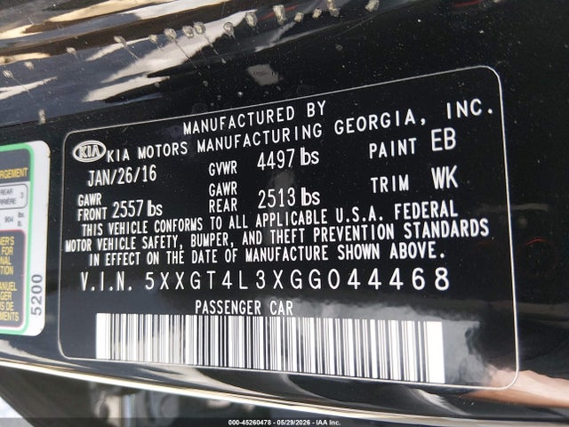 45260478 :رقم المزاد ، 5XXGT4L3XGG044468 vin ، 2016 Kia Optima Lx مزاد بيع