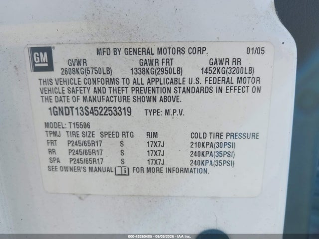 Продаж на аукціоні авто 2005 Chevrolet Trailblazer Lt, vin: 1GNDT13S452253319, номер лоту: 45260485