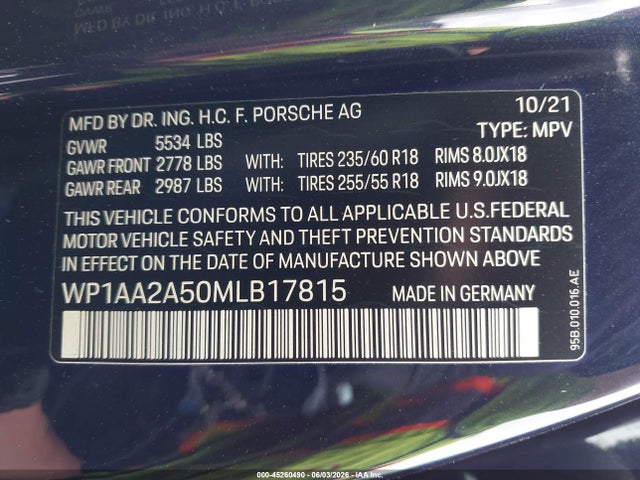 Продажа на аукционе авто 2021 Porsche Macan, vin: WP1AA2A50MLB17815, номер лота: 45260490