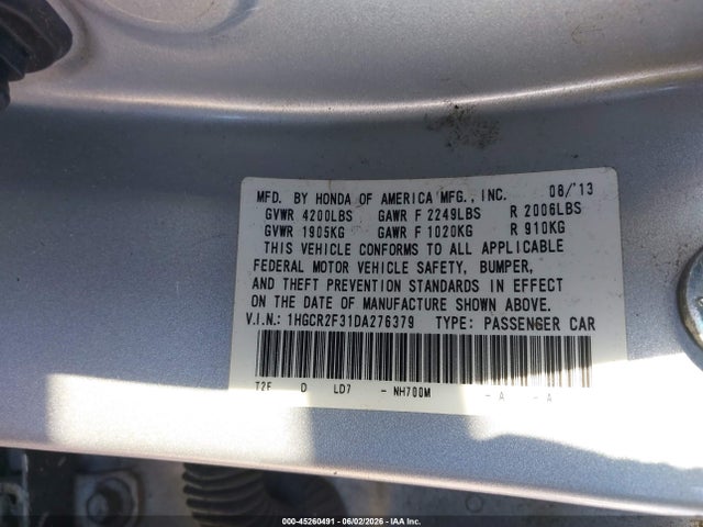 45260491 :رقم المزاد ، 1HGCR2F31DA276379 vin ، 2013 Honda Accord Lx مزاد بيع