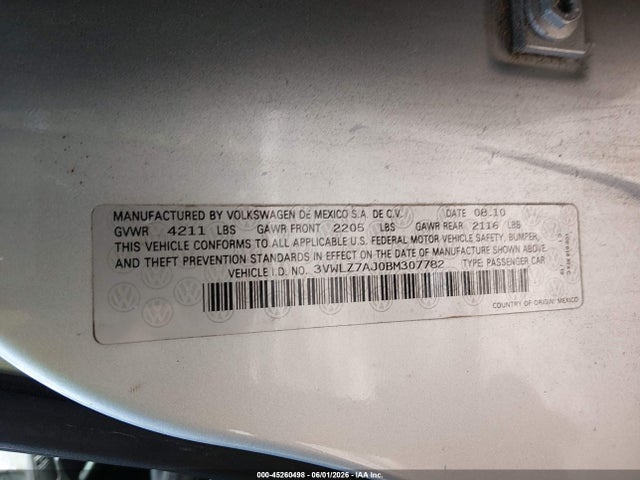 Продажа на аукционе авто 2011 Volkswagen Jetta 2.5l Sel, vin: 3VWLZ7AJ0BM307782, номер лота: 45260498