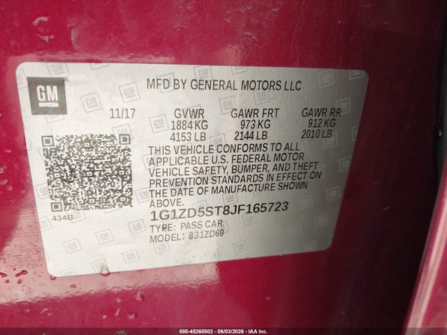 Продаж на аукціоні авто 2018 Chevrolet Malibu Lt, vin: 1G1ZD5ST8JF165723, номер лоту: 45260502