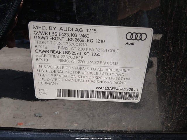 45260503 :رقم المزاد ، WA1L2AFP4GA090513 vin ، 2016 Audi Q5 2.0t Premium مزاد بيع
