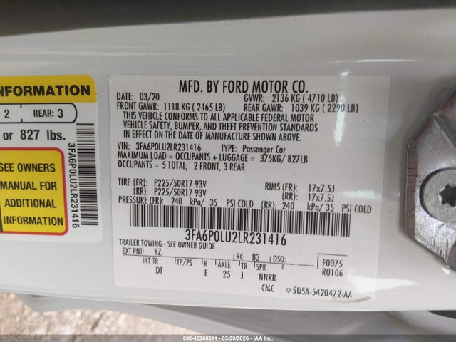 3FA6P0LU2LR231416 Ford Fusion Hybrid Se