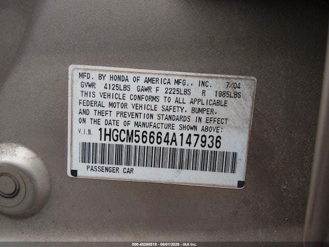 45260518 :رقم المزاد ، 1HGCM56664A147936 vin ، 2004 Honda Accord 2.4 Ex مزاد بيع