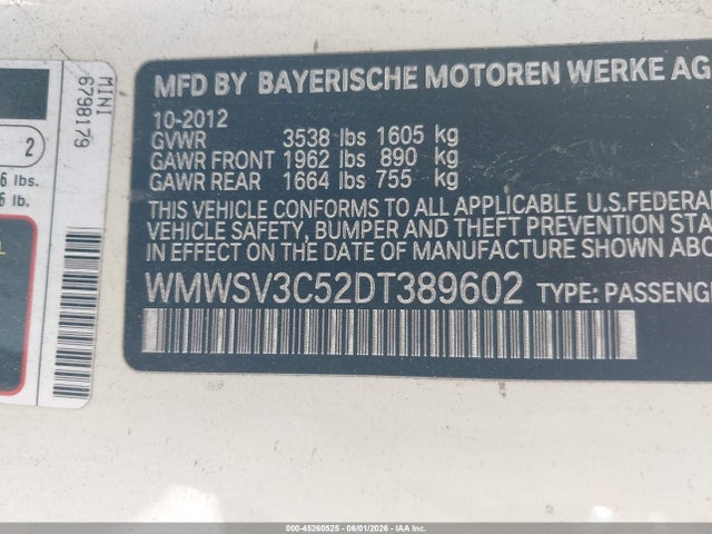 Продаж на аукціоні авто 2013 Mini Hardtop Cooper S, vin: WMWSV3C52DT389602, номер лоту: 45260525