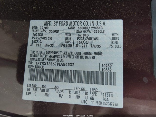 Aukcja sprzedaży 2001 Ford F-150 Lariat/xl/xlt, vin: 1FTRX18L61NA84532, numer aukcji: 45260527