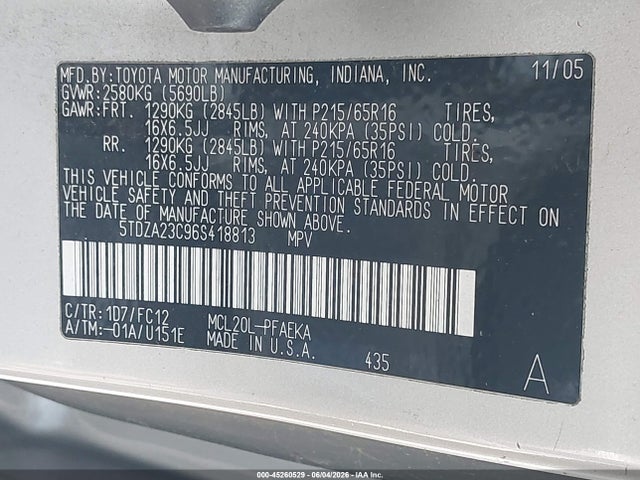 Aukcja sprzedaży 2006 Toyota Sienna Le, vin: 5TDZA23C96S418813, numer aukcji: 45260529
