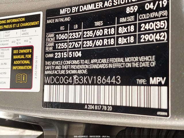 Aukcja sprzedaży 2019 Mercedes-benz Glc 300, vin: WDC0G4JB3KV186443, numer aukcji: 45260532