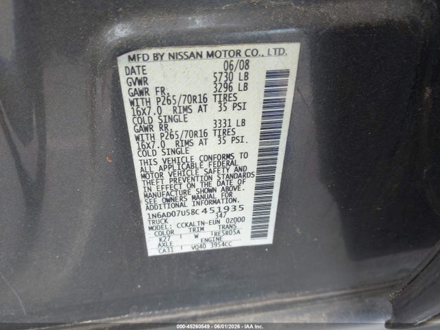 Aukcja sprzedaży 2008 Nissan Frontier Se, vin: 1N6AD07U58C451935, numer aukcji: 45260549