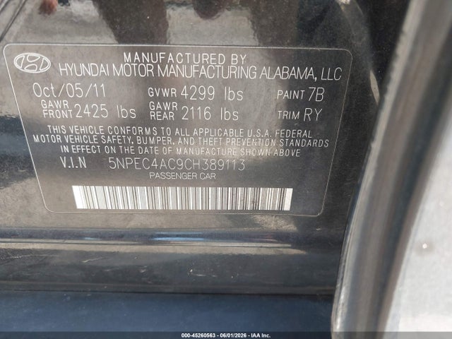 Aukcja sprzedaży 2012 Hyundai Sonata Limited, vin: 5NPEC4AC9CH389113, numer aukcji: 45260563