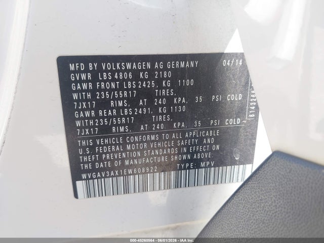 45260564 :رقم المزاد ، WVGAV3AX1EW608922 vin ، 2014 Volkswagen Tiguan Se مزاد بيع