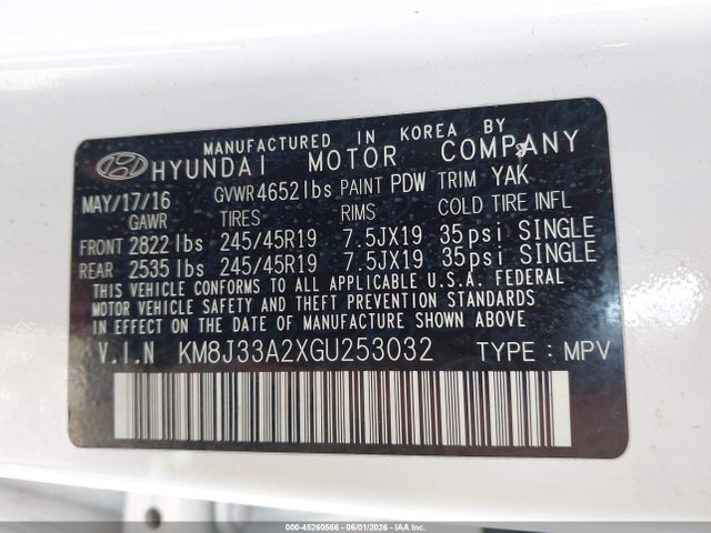Auction sale of the 2016 Hyundai Tucson Limited, vin: KM8J33A2XGU253032, lot number: 45260566