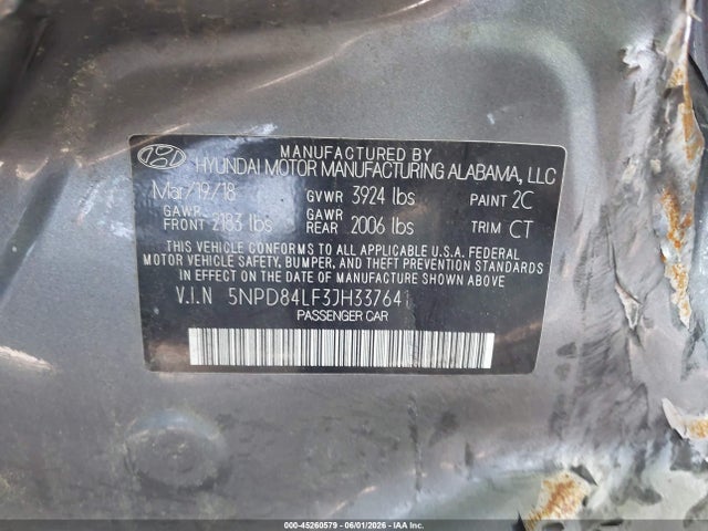 45260579 :رقم المزاد ، 5NPD84LF3JH337641 vin ، 2018 Hyundai Elantra Value Edition مزاد بيع