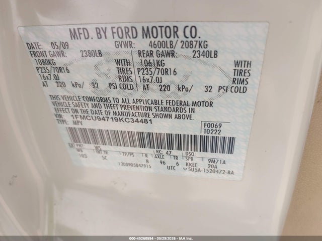 Aukcja sprzedaży 2009 Ford Escape Limited, vin: 1FMCU94719KC34481, numer aukcji: 45260594