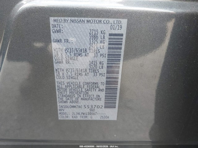 Продажа на аукционе авто 2019 Infiniti Qx60 Pure, vin: 5N1DL0MM7KC553702, номер лота: 45260595