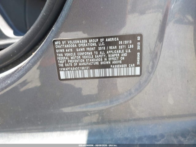 45260596 :رقم المزاد ، 1VWAP7A34DC139101 vin ، 2013 Volkswagen Passat 2.5l S مزاد بيع